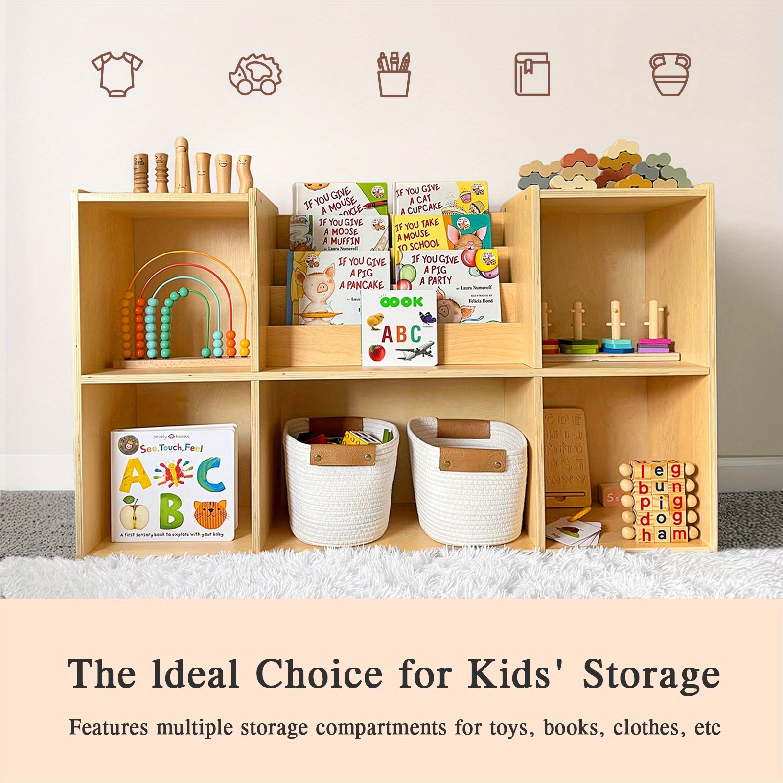 2-Tier Horizontal Wood Bookshelf and Toy Storage Organizer, 5-Compartment Toy Storage Cabinet with Book Rack, Ideal Choice for Kids Classroom Organizer, Playroom And Daycare