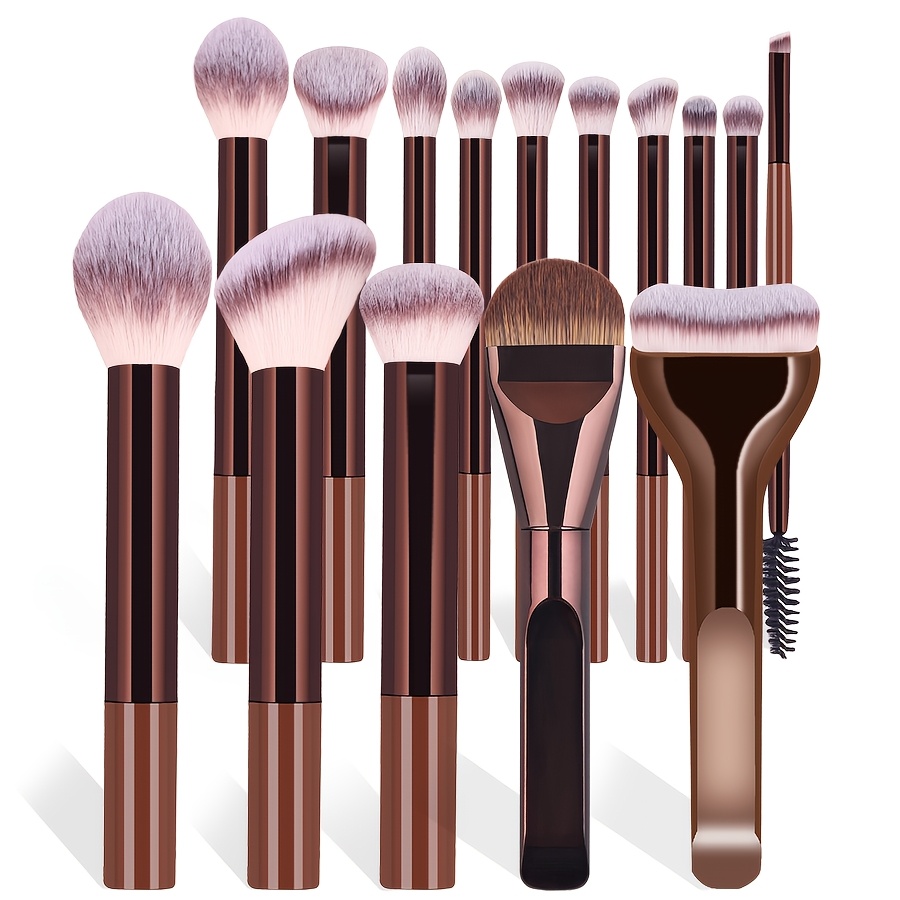 A Set Of 15 Makeup Brushes Including Foundation Brush, Highlighter Brush, Blush Brush, Powder Brush, Nose Contour Brush, Eyeshadow Brush, Eyelash Brush, Eyebrow Brush, Lip Brush, Concealer Brush