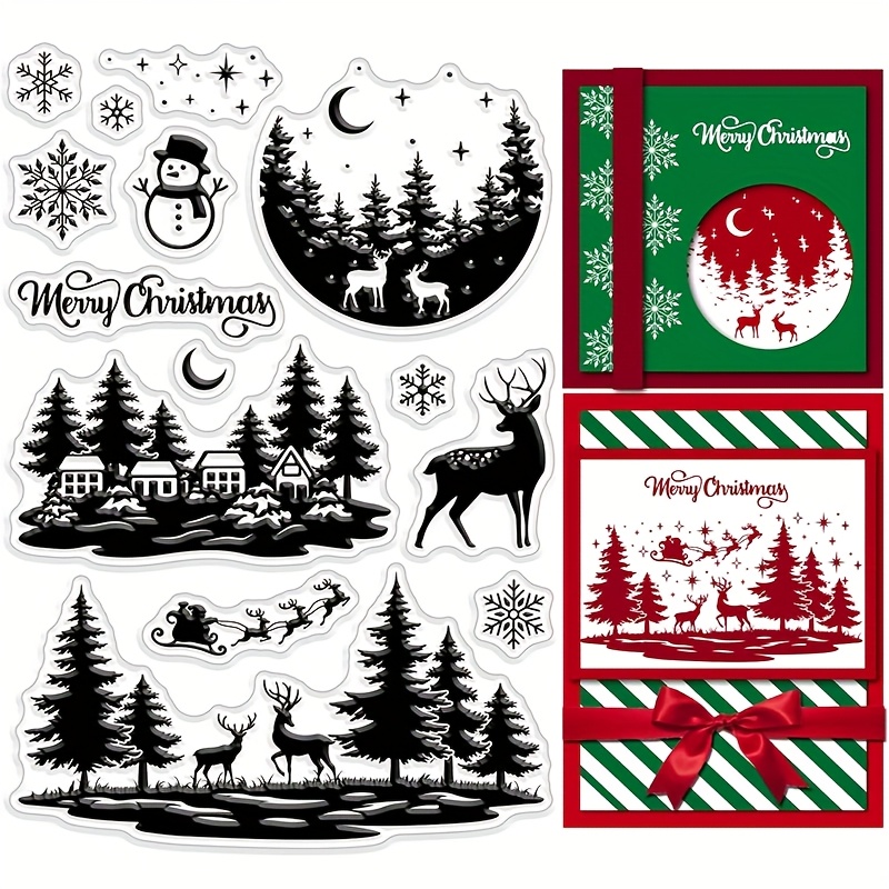 Image of 1pc Christmas Clear Rubber Stamp Winter House Forest Snowflake Elk Snowman Sleigh Holiday Transparent Seal Stamp Christmas Diary Card Making Photo Decoration