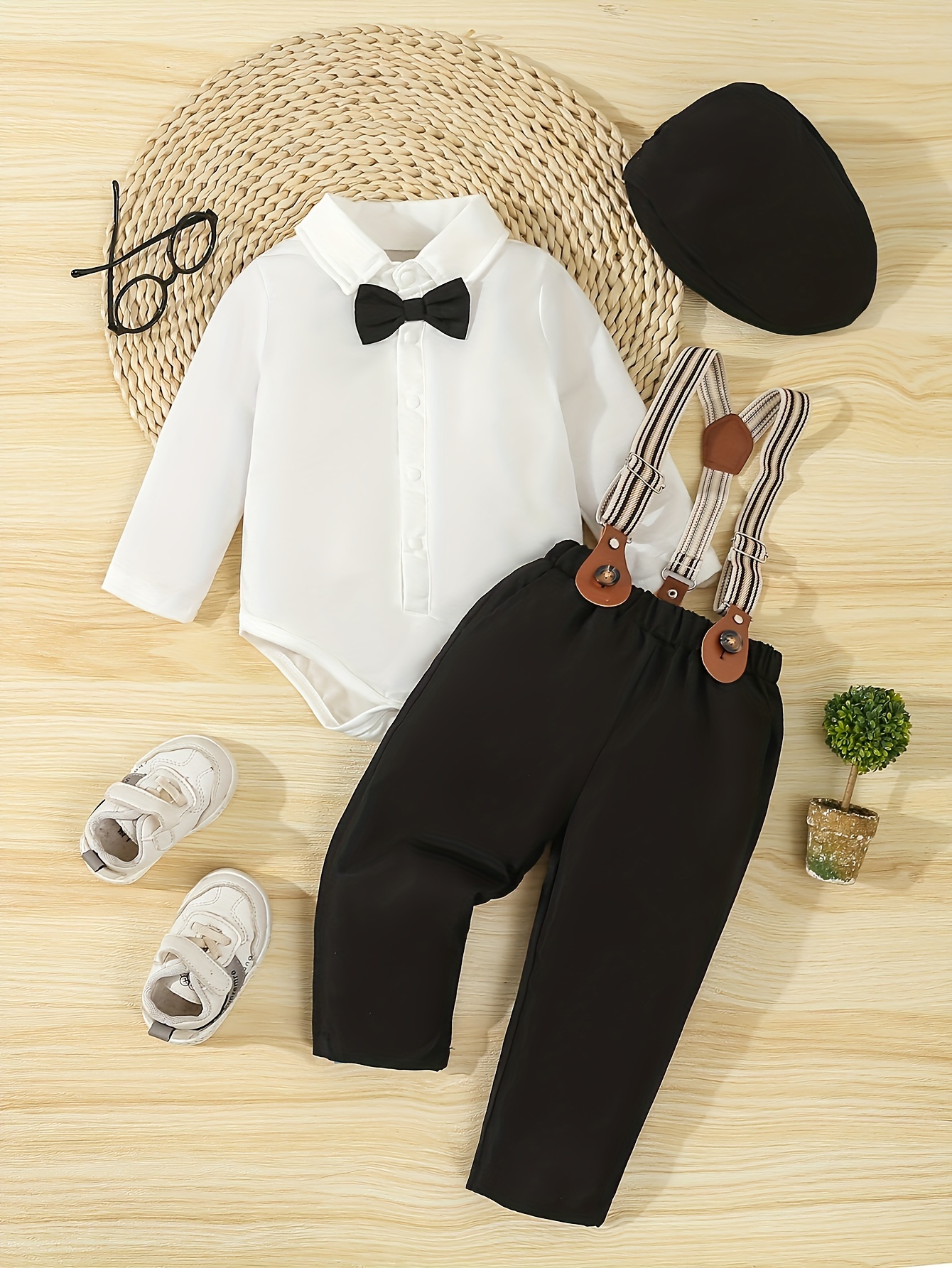boys 4pcs gentleman outfit set long sleeve romper with bow tie suspenders hat for birthdays weddings special occasions machine washable Product details 22