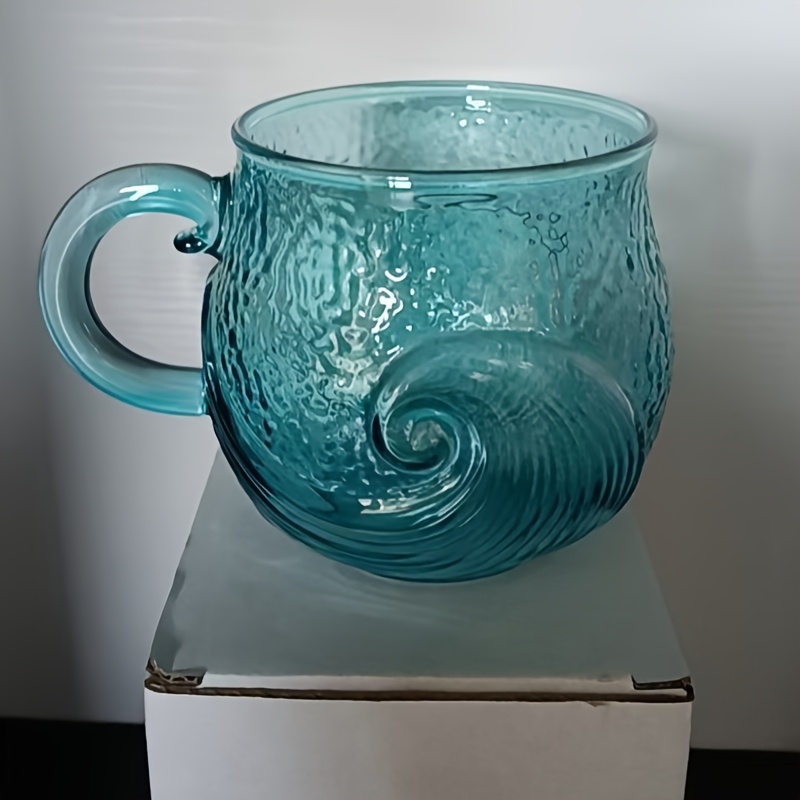 TEMU 1pc Artisan Ocean Wave Textured Blue Glass Mug, Multipurpose Hot Cold Beverage Cup For Household Use, Ideal Holiday Present For Halloween,