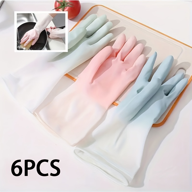 TEMU 6 Pairs Waterproof Silicone Cleaning Gloves - Non-slip, For Kitchen, Dishwashing, And Household Chores, With Elastic Cuffs, Assorted Colors (pink, Blue, Green), Dishwashing Gloves