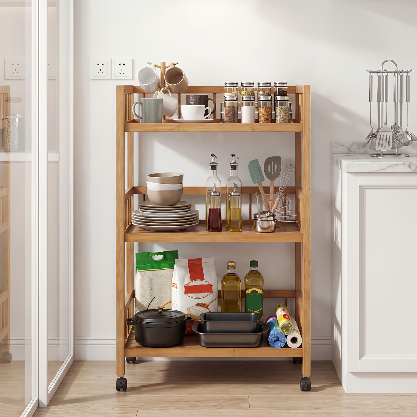 TEMU Chariot en bois à niveaux, plusieurs tailles disponibles, étagère de rangement à clôture, chariot de cuisine mobile à roulettes