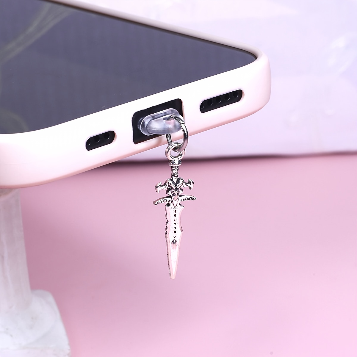 TEMU 1pc Retro Sword Pendant, Black And Silvery Phone Dust Plug, Alloy Material, Waterproof & Dustproof Mobile Accessory For Iphone, Xiaomi, For