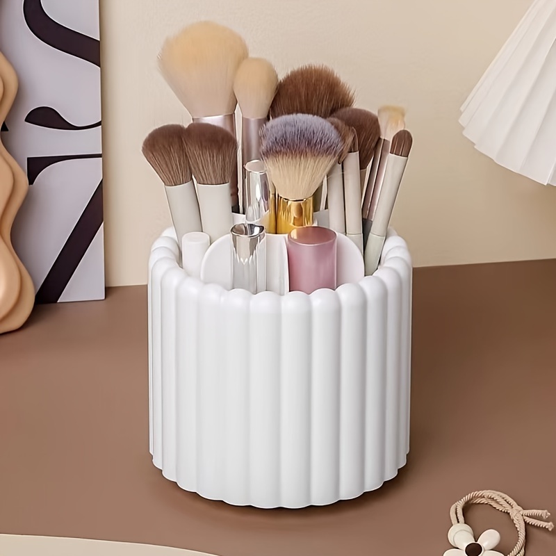 

Elegant White 360-degree Rotating Makeup Brush Holder - Polished Plastic Organizer With Transparent Compartments For Cosmetics, Pens & More - No Power Needed, Vanity Display