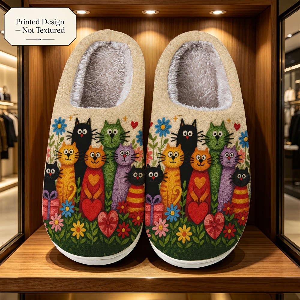 TEMU [printed Design – Not Textured] Colorful Cat And Floral Pattern Printed , Unisex For , Comfortable Slippers For Indoor And Outdoor Wear, Women