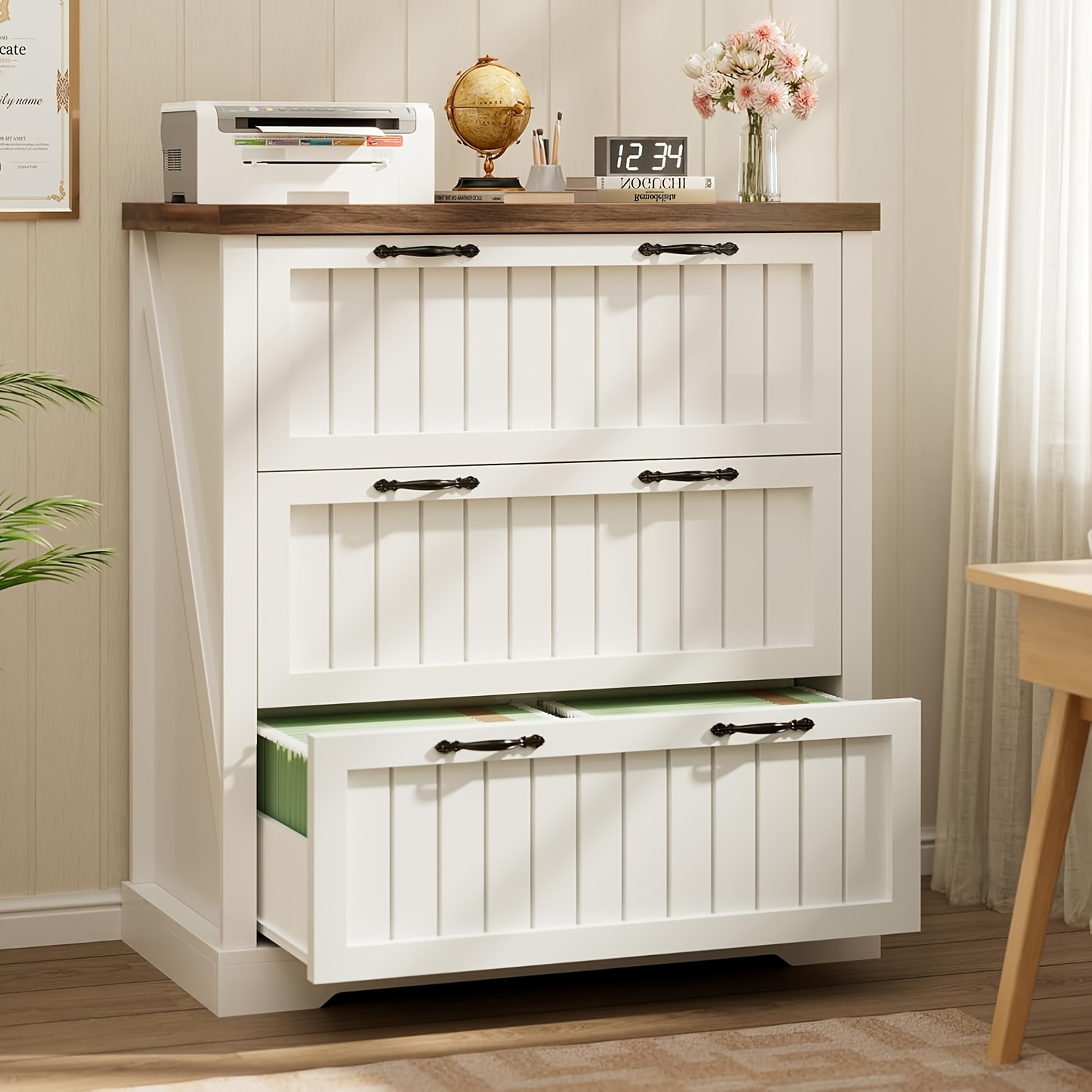 A Rustic Sideboard Storage Cabinet Featuring Three Wooden Drawers, Designed for Multiple Uses. This Stylish File Cabinet Serves As Accent Furniture Suitable for The Living Room, Entryway, Home Office, Or Kitchen, Available in White, Brown, And Grey