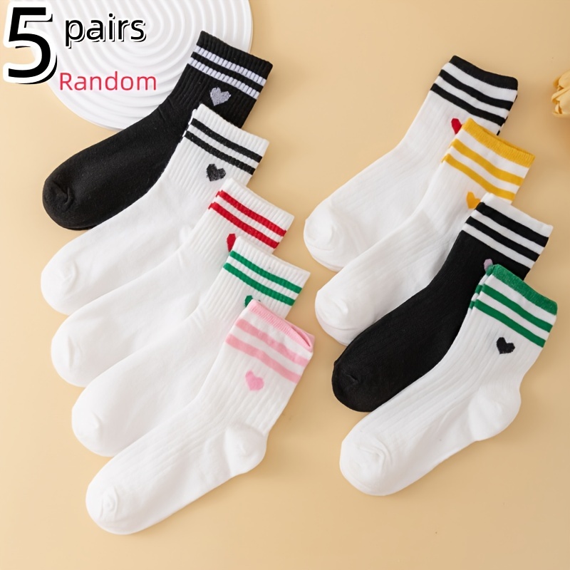 

5 Pairs Women's Ankle Socks, Random Color, Polyester , Breathable, Machine Washable, Korean Style, Striped, No-bone, Mid-calf Length, Fashionable Knit, Women's Sock Accessories