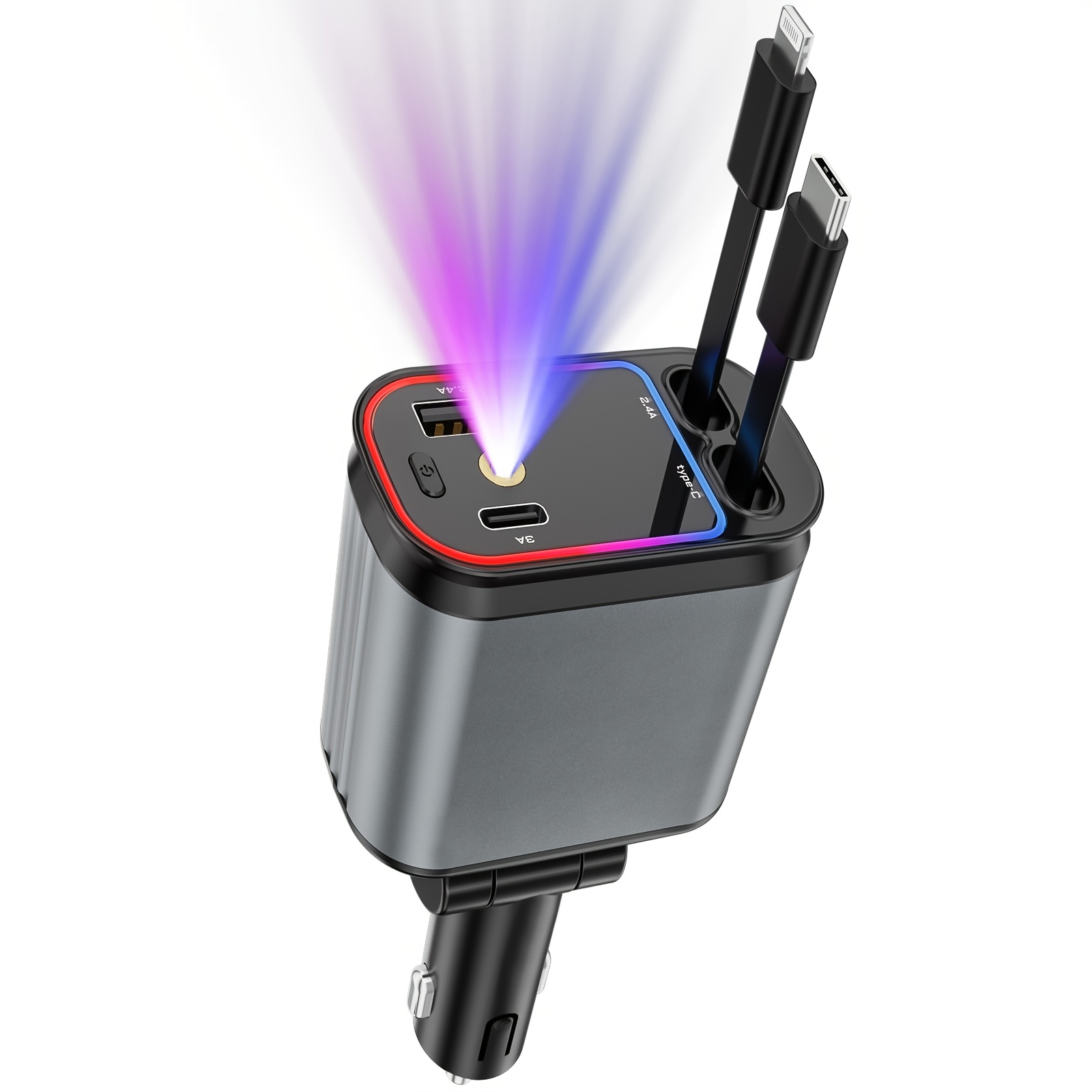 TEMU Chargeur de voiture rétractable, chargeur de téléphone de voiture rapide 4-en-1 100W avec cordon de 2,6 pi, chargeur automatique, câble