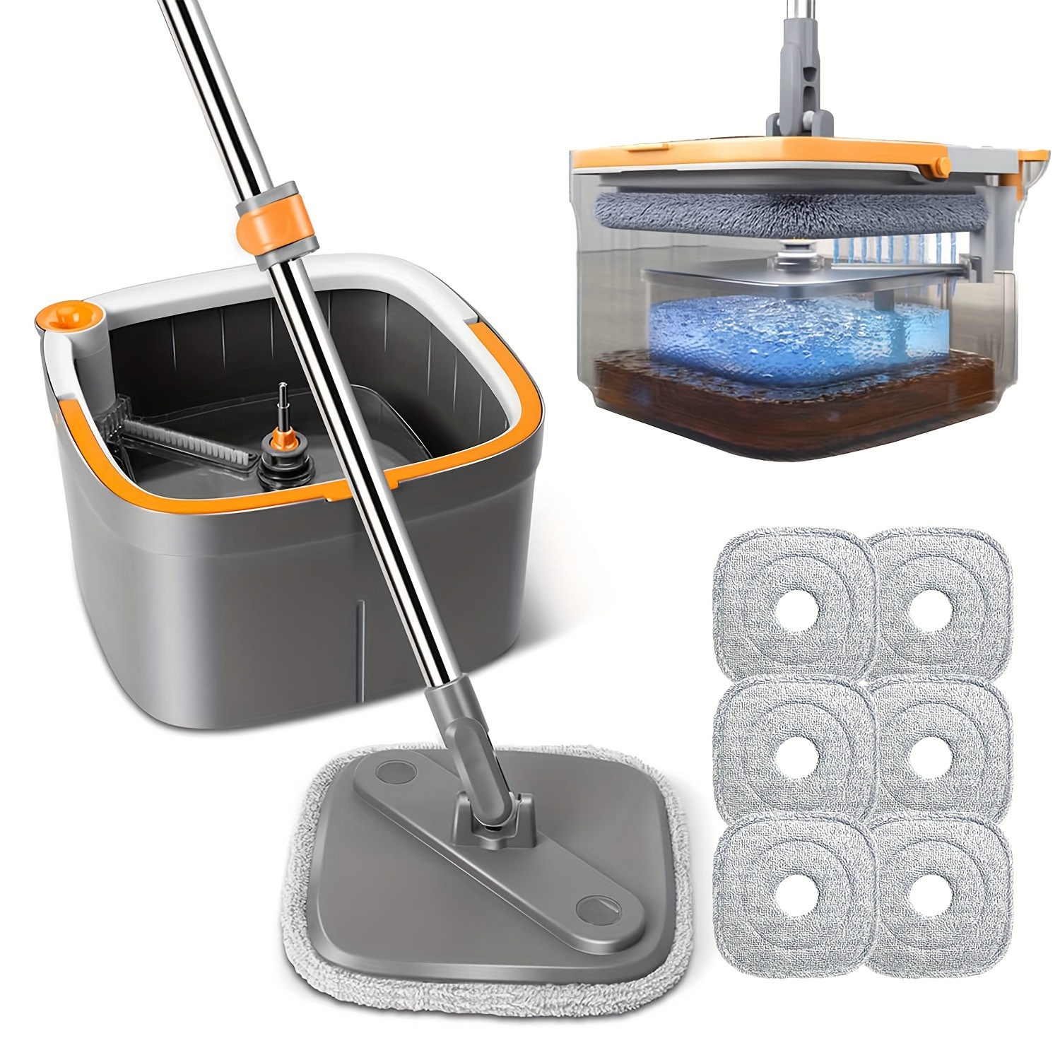 

Spin Mop & Bucket Set With Self-separating & Clean Water System, Self-drying Square Mop Head For Hardwood Tile Marble Floors, Cleaning Mop After The Party, Adjustable Hand Tool