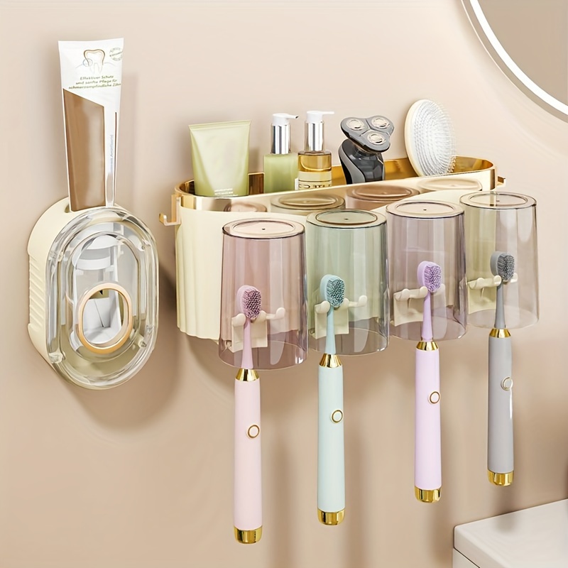 

Rose Golden Toothbrush Holder With Cup - Wall-mounted, No-drill Installation, Hypoallergenic Plastic Bathroom Organizer