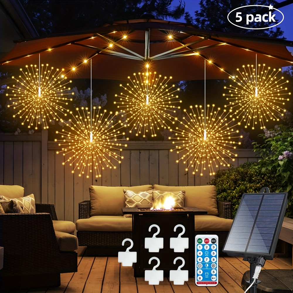 TEMU 5-pack Led Solar Starburst Fireworks Lights With Remote Control Timer - 480 Led Outdoor Fairy Lights, 8 Adjustable Ip65 Hanging Lights
