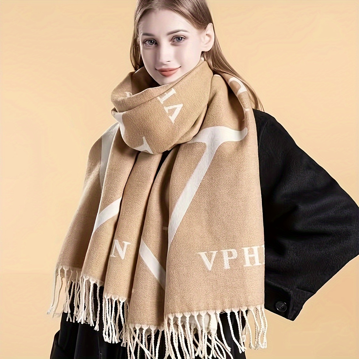 

1pc 200cm Double-sided Letter Scarf, Mature Polyester Fleece Shawl, Autumn/ Scarf, Geometric Pattern, , Women' Accessory