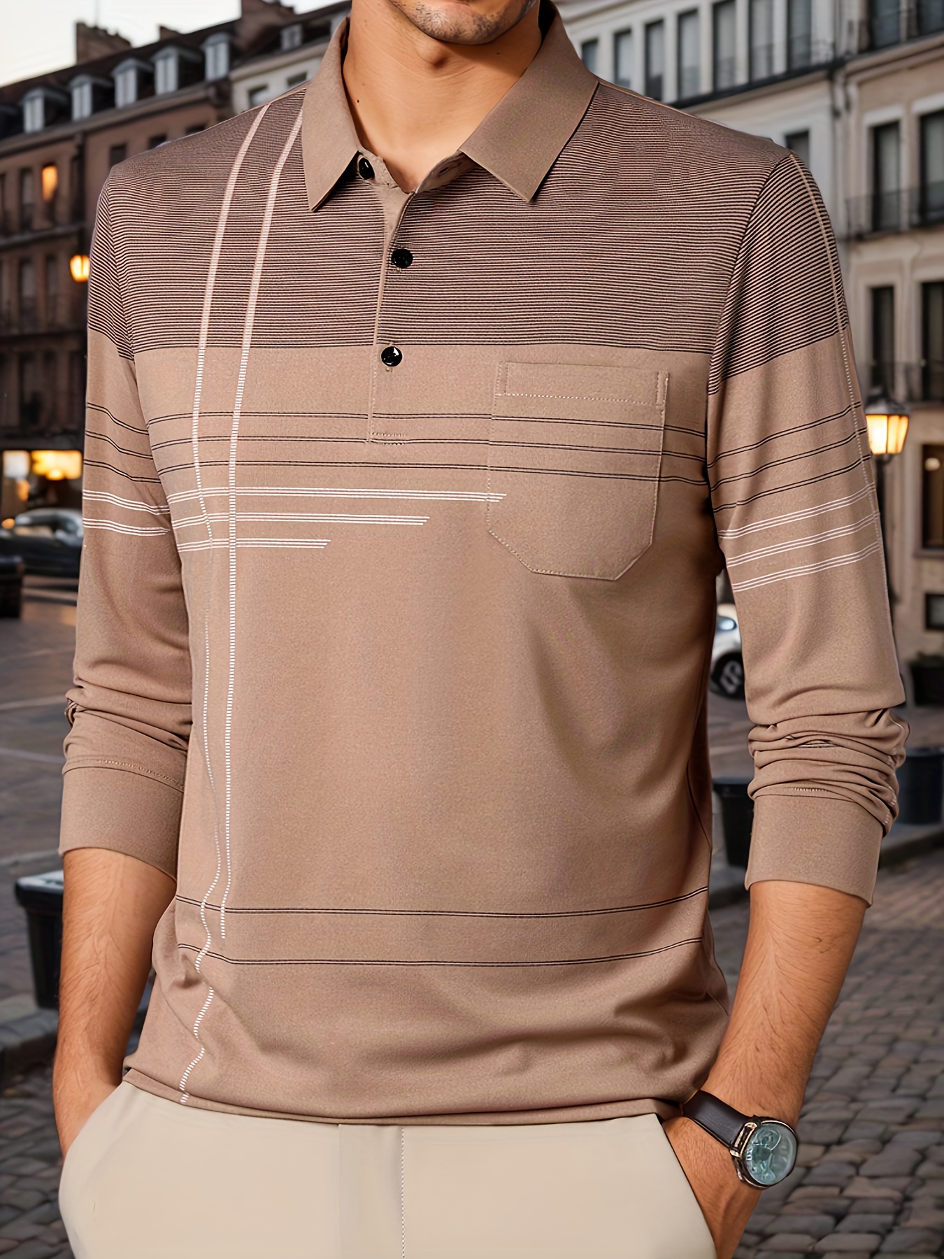chemise à rayures vintage pour homme avec poche - respirante, manches longues, détail bouton pour le golf & activités air Détails du produit 6