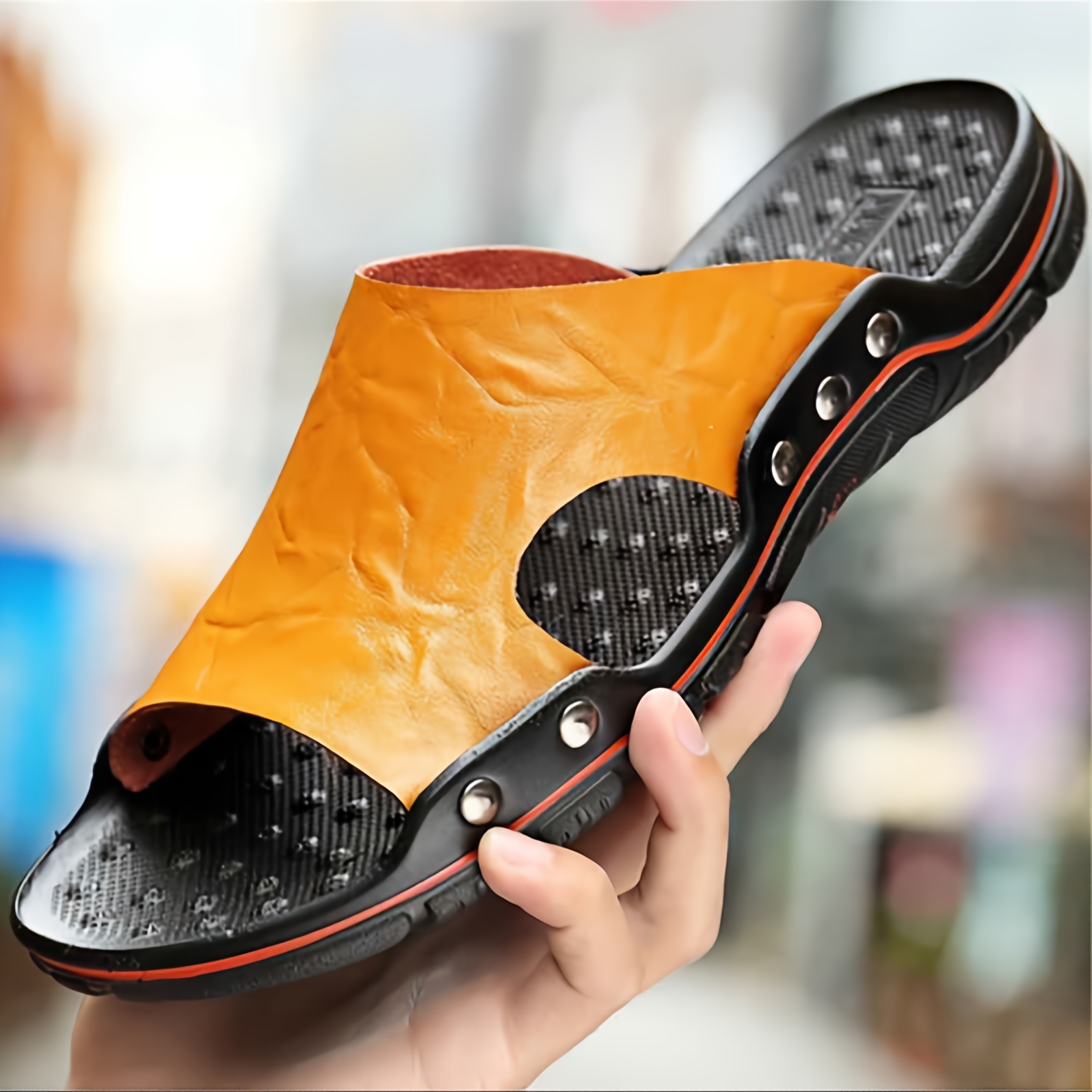 mens classic genuine faux leather slide sandals orange black 