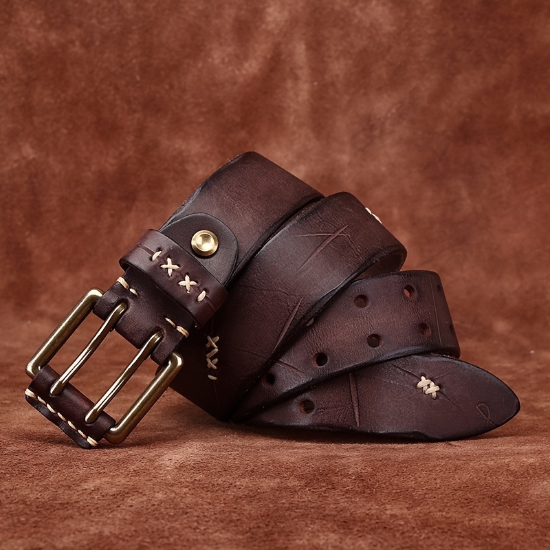 

Ceinture vintage en cuir de vache véritable pour homme avec détails brodés, boucle à double broche en cuivre - Ceinture classique à double trou pour jean noir