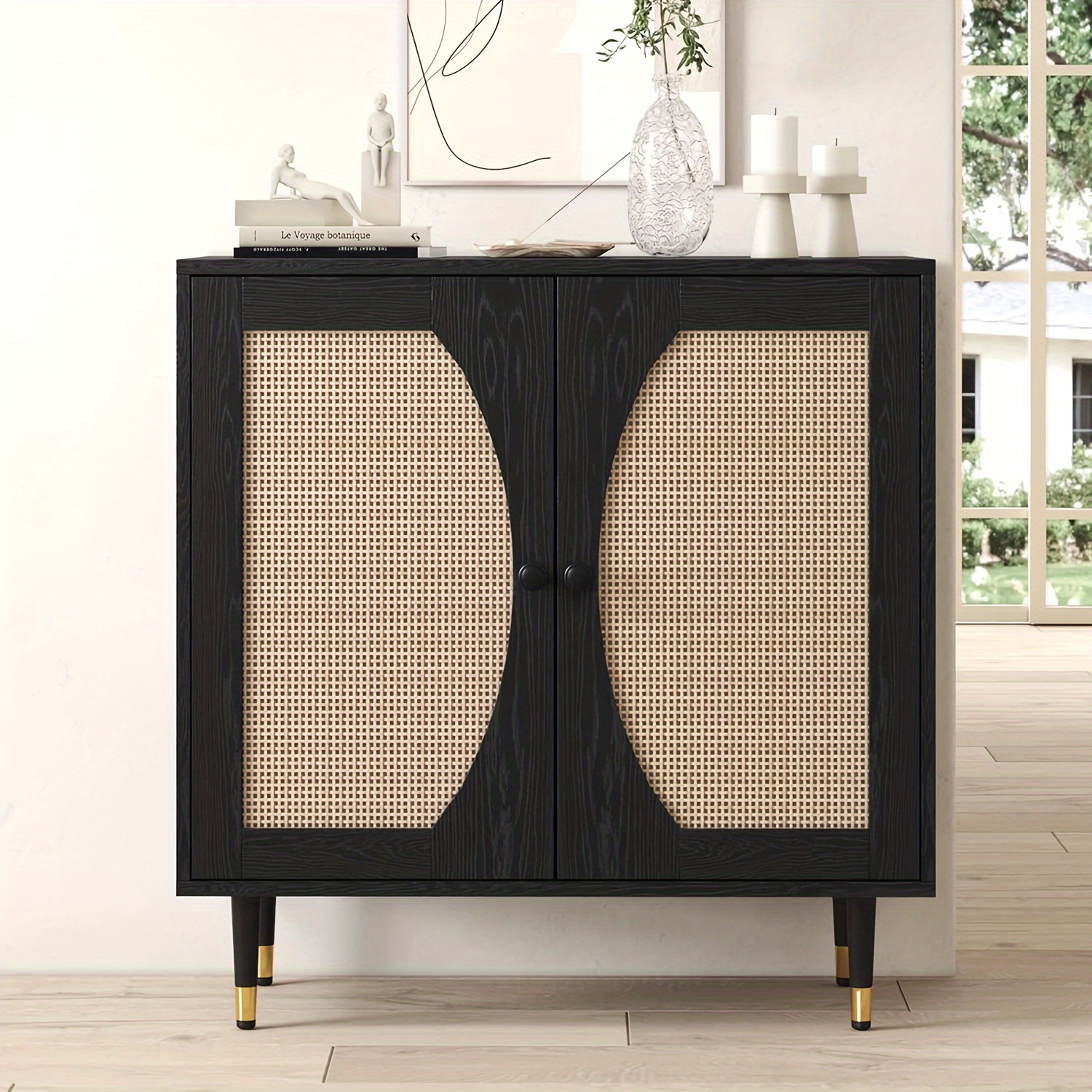 

Blacksideboard Cabinet, Rattan Sideboard Rattan Doors, Black Rattan Console Table With Storage, Modern Accent Buffet Cabinet With Adjustable Shelves For Living Dining Room