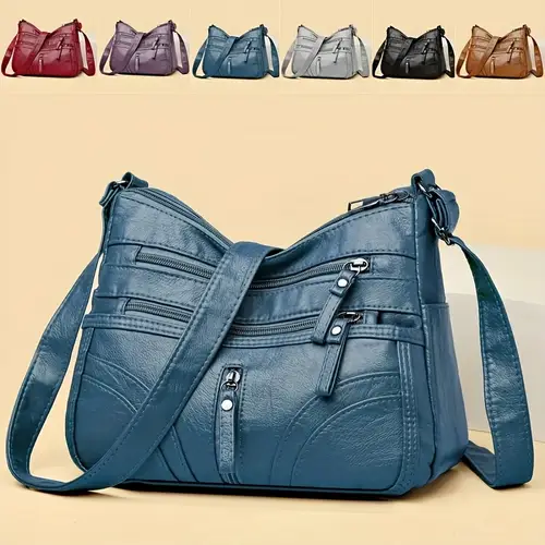elegant women 39 s multi pocket leather shoulder bag adjustable strap zipper closure lightweight solid color crossbody bag for daily commuting and travel small backpack