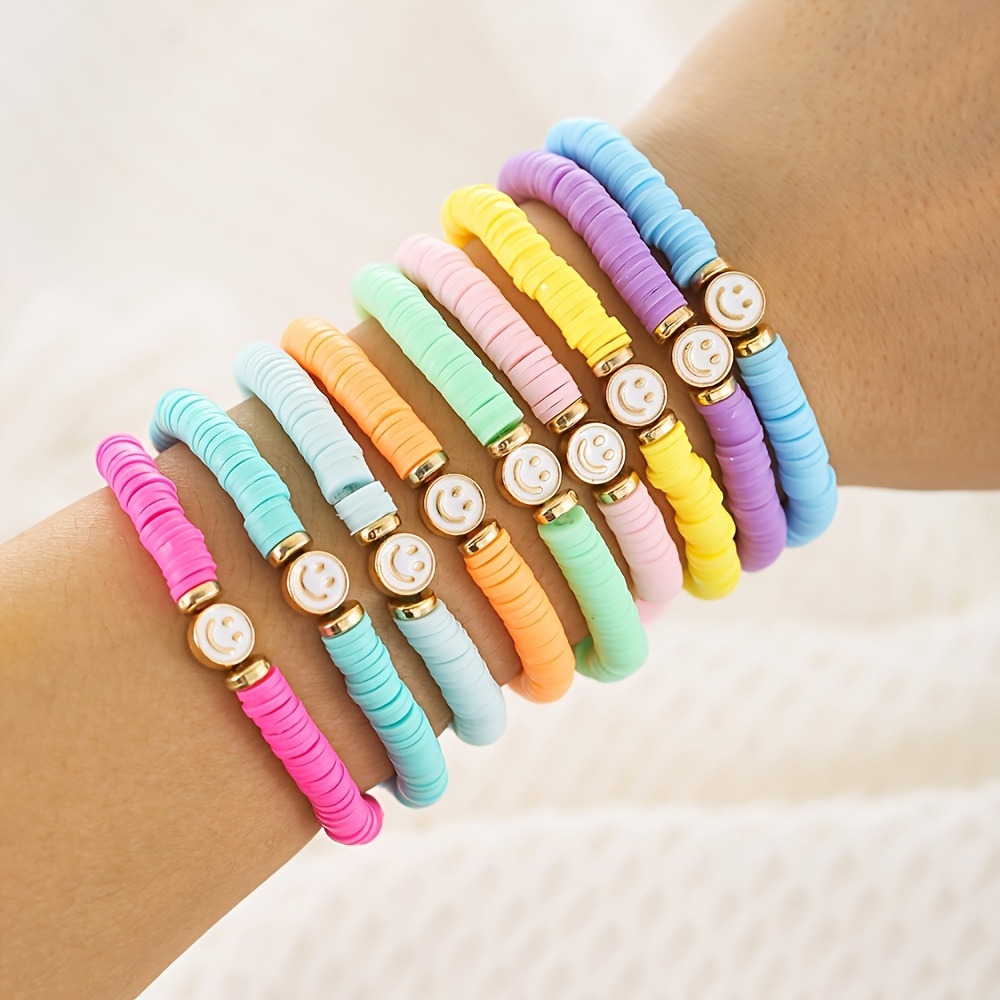 

9pcs Bohemian Style Beach Smiling Face Bracelets Set, Macaron Colors Soft Clay Stackable Wristbands, Multi-color Colorful Bangle Sets For Vacation Style