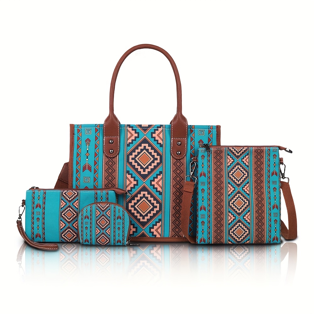 

Bohemian Tribal Canvas Tote Bag Set, 4pcs With Adjustable Strap, Zipper Closure, Paint Detail, Includes Wallet, Hand Wash/, Random , Large Capacity For Travel & Gift