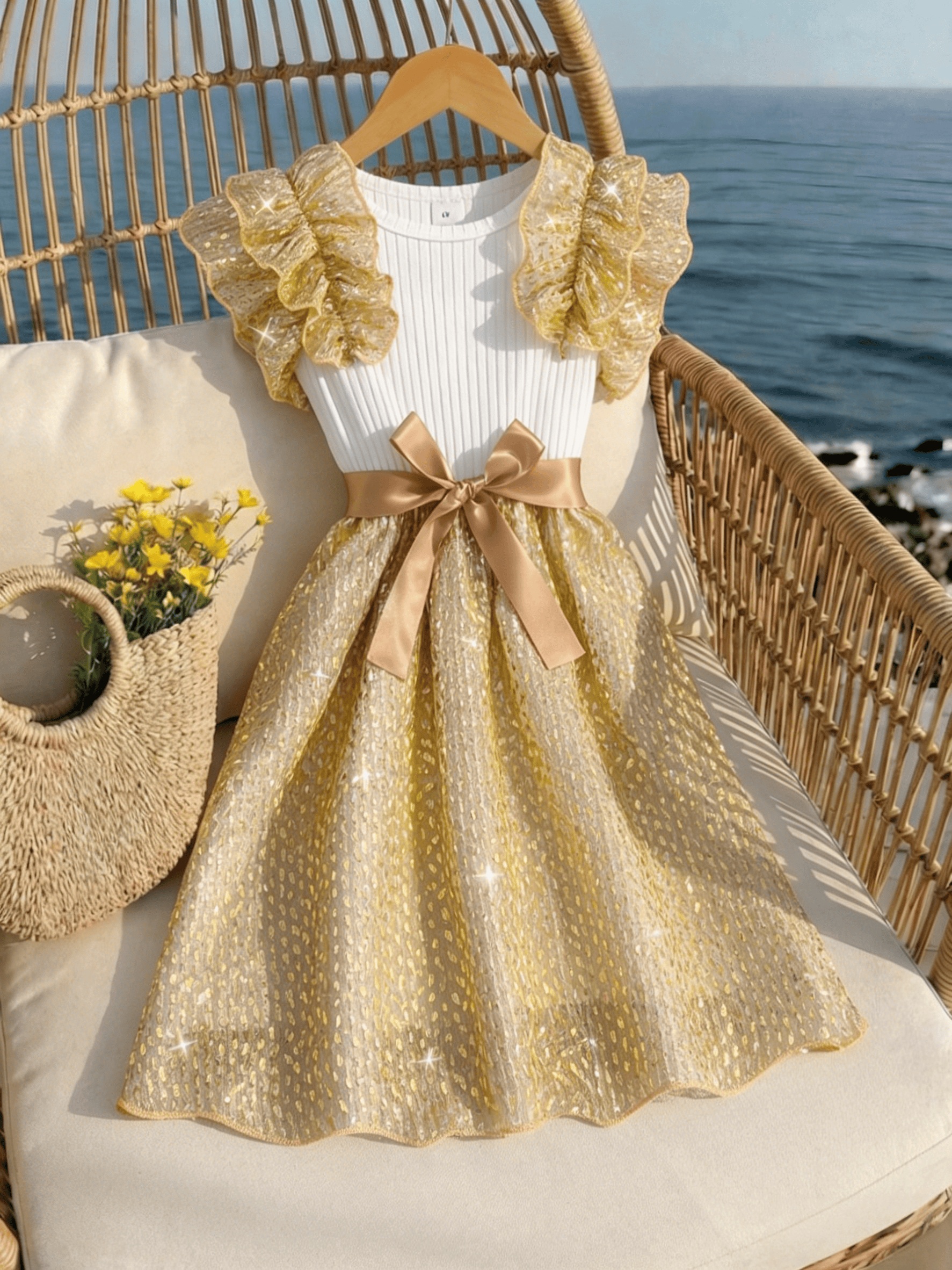 long sleeve gold fringe dress Luxury Gold Fringe Sequin Off-Shoulder Evening Gown with Cape Sleeves –  DreamyVow main image 1