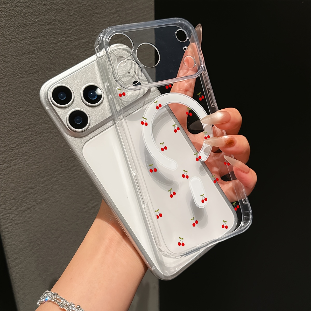 TEMU Phone Case - Magnetic Suction Precision Hole Full Screen Small Cherry Creative Shockproof Magnetic Phone Case, Suitable For Iphone