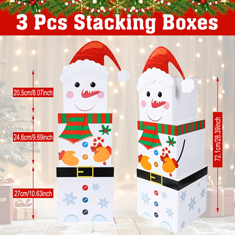 TEMU Gift For Her/him 3pcs, Christmas Snowman Stacking Boxes, Snowman Pattern Square Paper Gifts Decor Box, Merry Christmas Deorations For Home, Noel