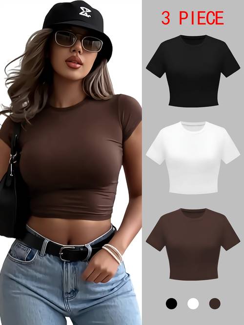 3pcs solid color t shirt casual round neck fit short sleeved womens t shirt elastic polyester fabric machine washable casual smooth texture for spring and summer