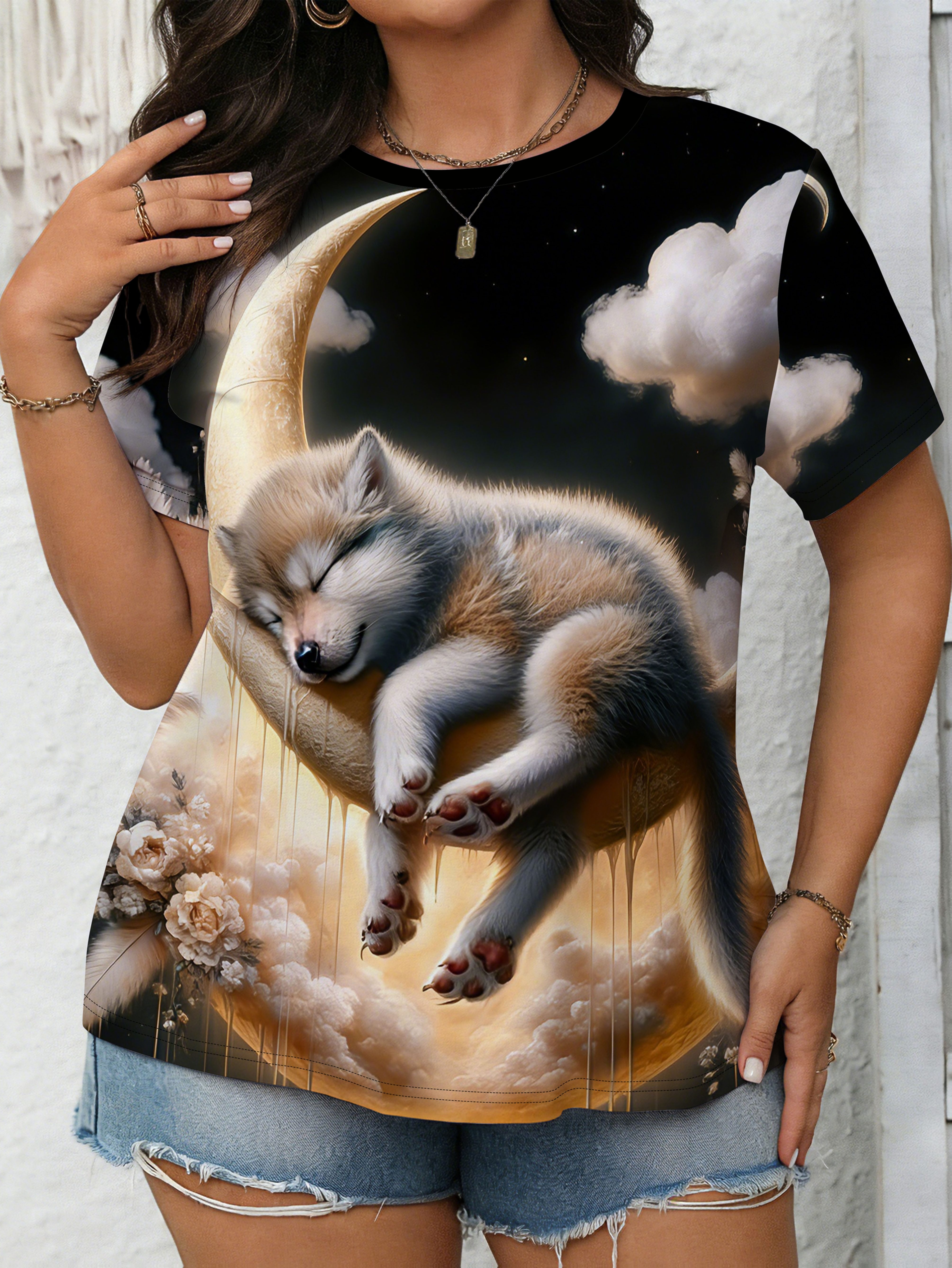 item picture ladies casual and fashionable short sleeved t shirt moon sleeping   pattern print street spring and summer   neck pullover holiday gift simple commuting short sleeved top