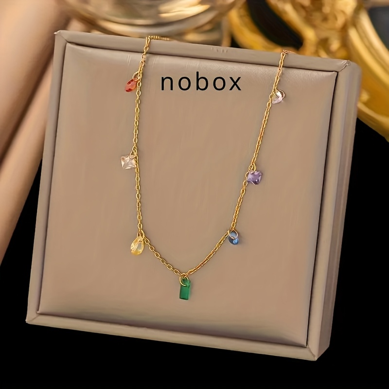Image of A Golden Stainless Steel Colorful Zirconia Spliced Chain Fashionable Easy Temperament - Bohemian Style Necklace, Fashionable Women's Jewelry, Suitable For Daily Parties, Beach Vacations