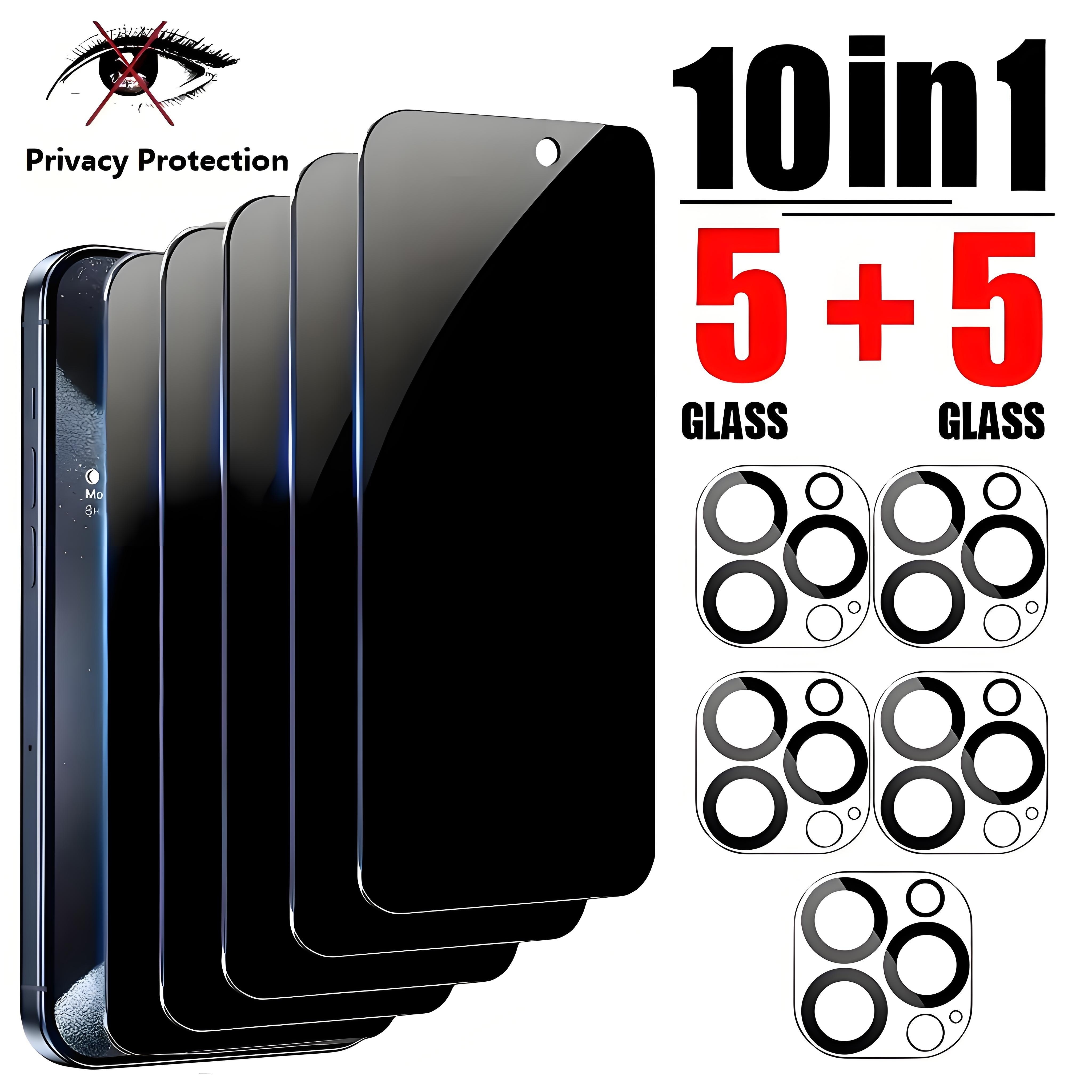 

10pcs/5+5 Privacy Tempered Glass Screen Protectors For Pro Max 15 Plus 14 Pro Max 13 Mini 9h Hardness With Camera Lens Glass Protectors For Iphone 12 Mini 11 Pro