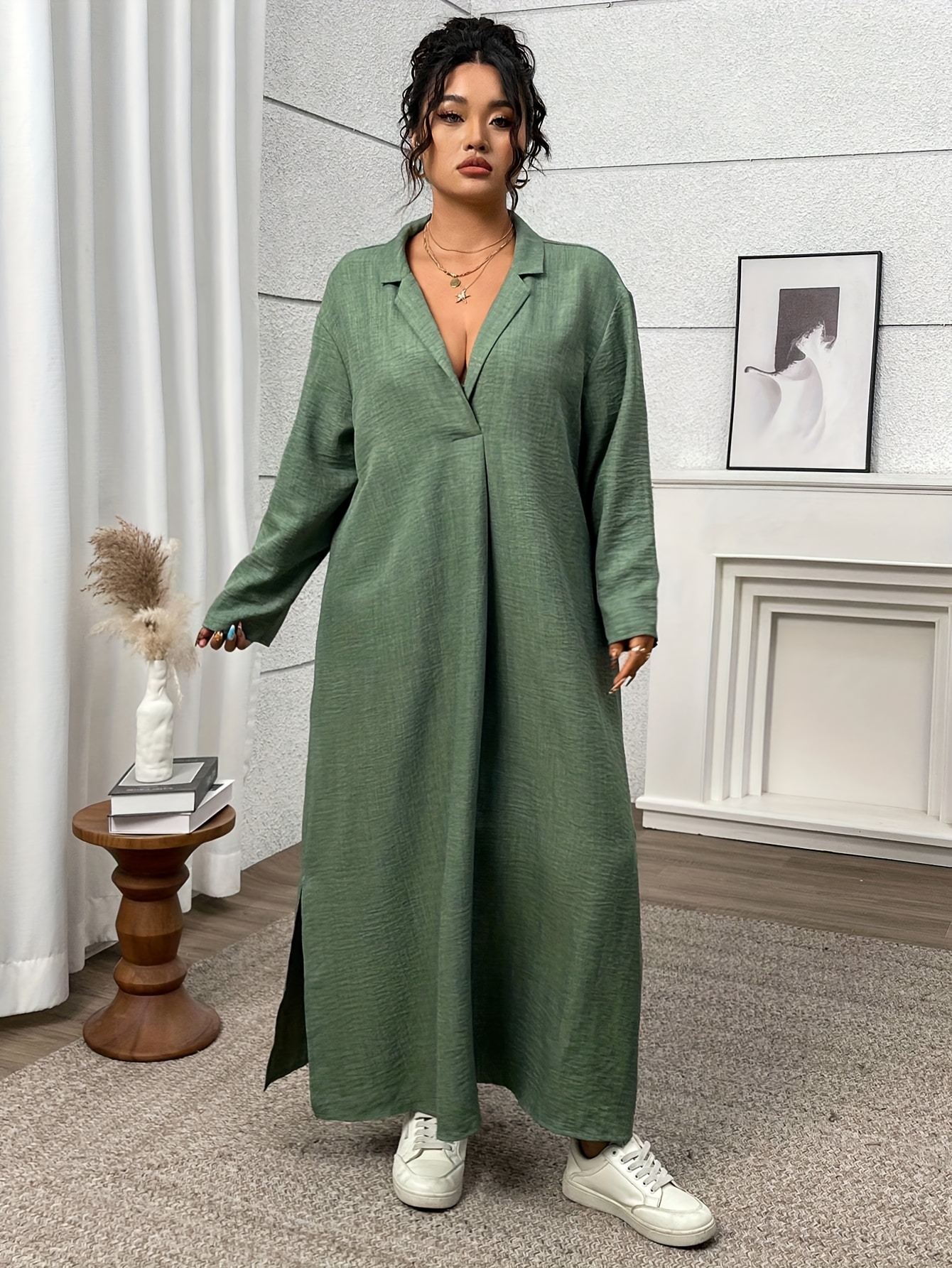 plus size womens casual loose dress deep v neck split hem