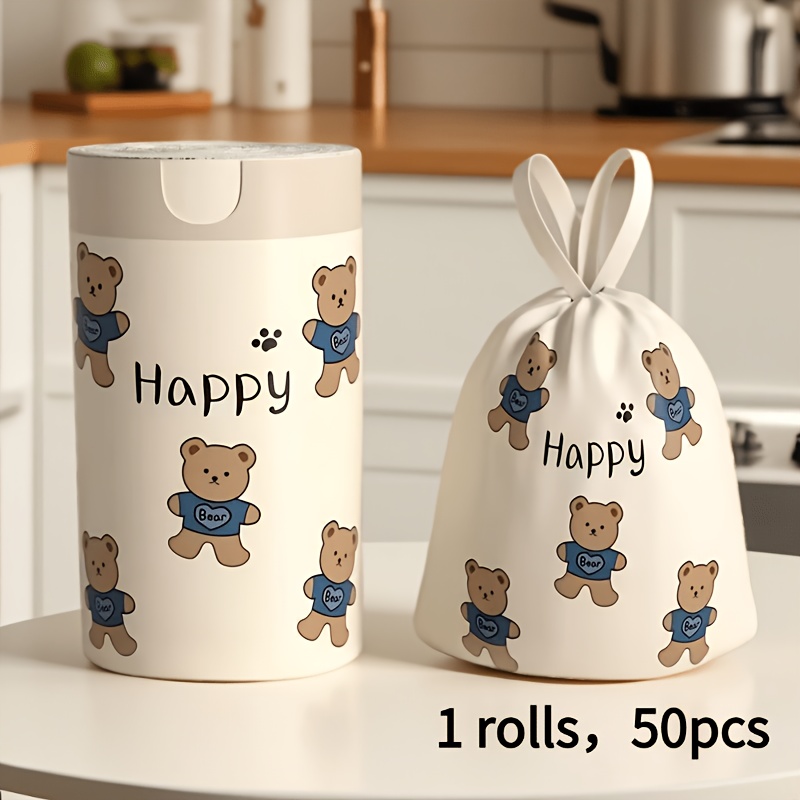 TEMU 1/2 Rolls, 50/100pcs Cute Bear Trash Bags - Thickened Large Size 4 Gallon Heavy-duty Disposable Bags With Drawstring Closure, For Kitchen,