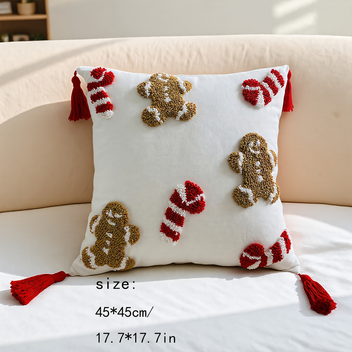 TEMU 1 housse de coussin ronde en peluche à , 17.7*17.7 pouces, housse de coussin brodée, housse de coussin de Noël, homme d', bâton de , décoration