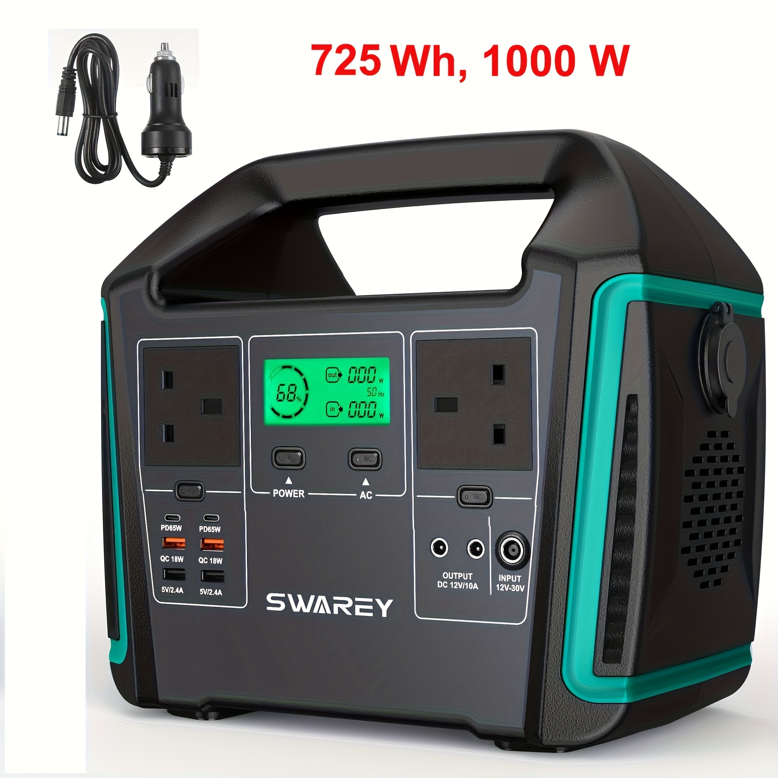 TEMU Swarey Portable, Power Bank Power Station 725 Wh, 1000 W ( 1500 W) Lithium Batteries Solar Generator With 2 X 230v Ac, 2 X Pd 65 W, Power
