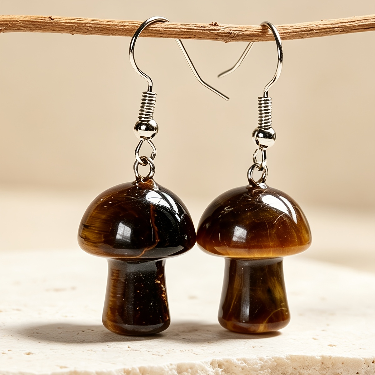 Women's Natural Tiger Eye Mushroom Earrings, Bohemian Style