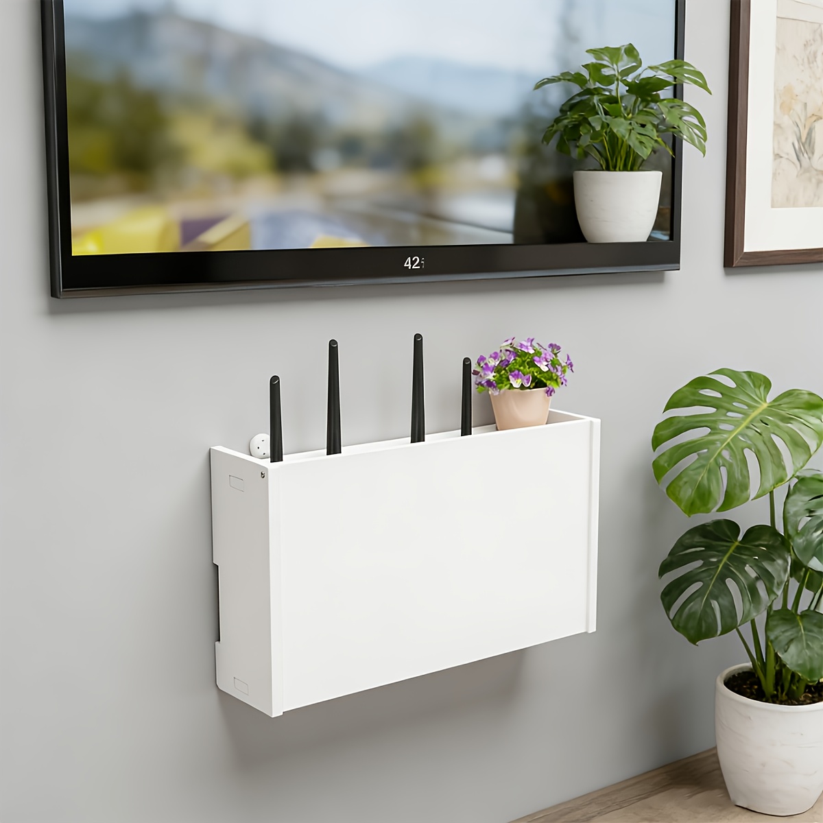 Image of Wall-mounted Router Storage Box, Wi-fi Router Manager With Cable Management And Ventilation Holes, Hidden Router Rack For Modems, Tv Boxes, Power Strips, Ideal For Living Room, Bedroom (white)