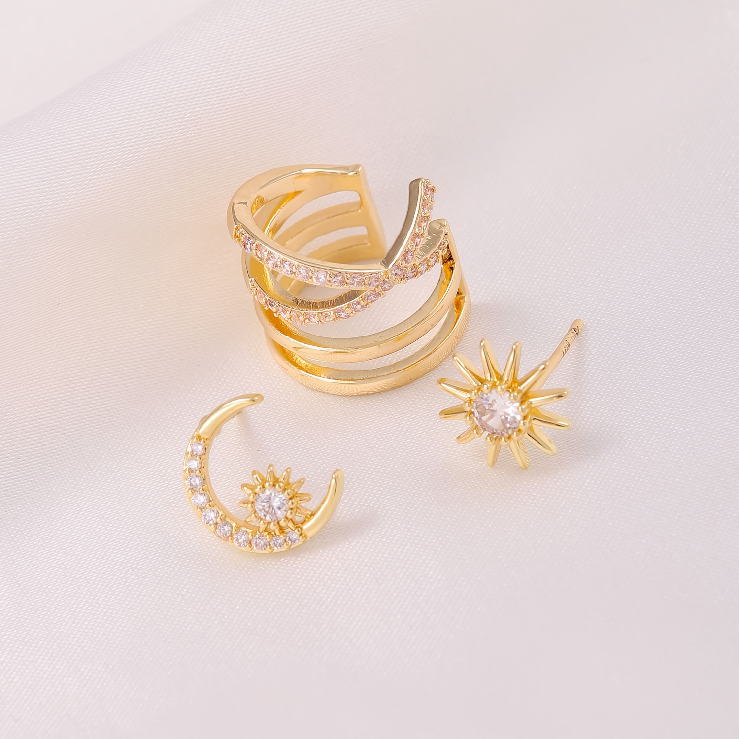 3pcs Bohemian Star Moon Sun Ear Studs Set with Zirconium Inlay