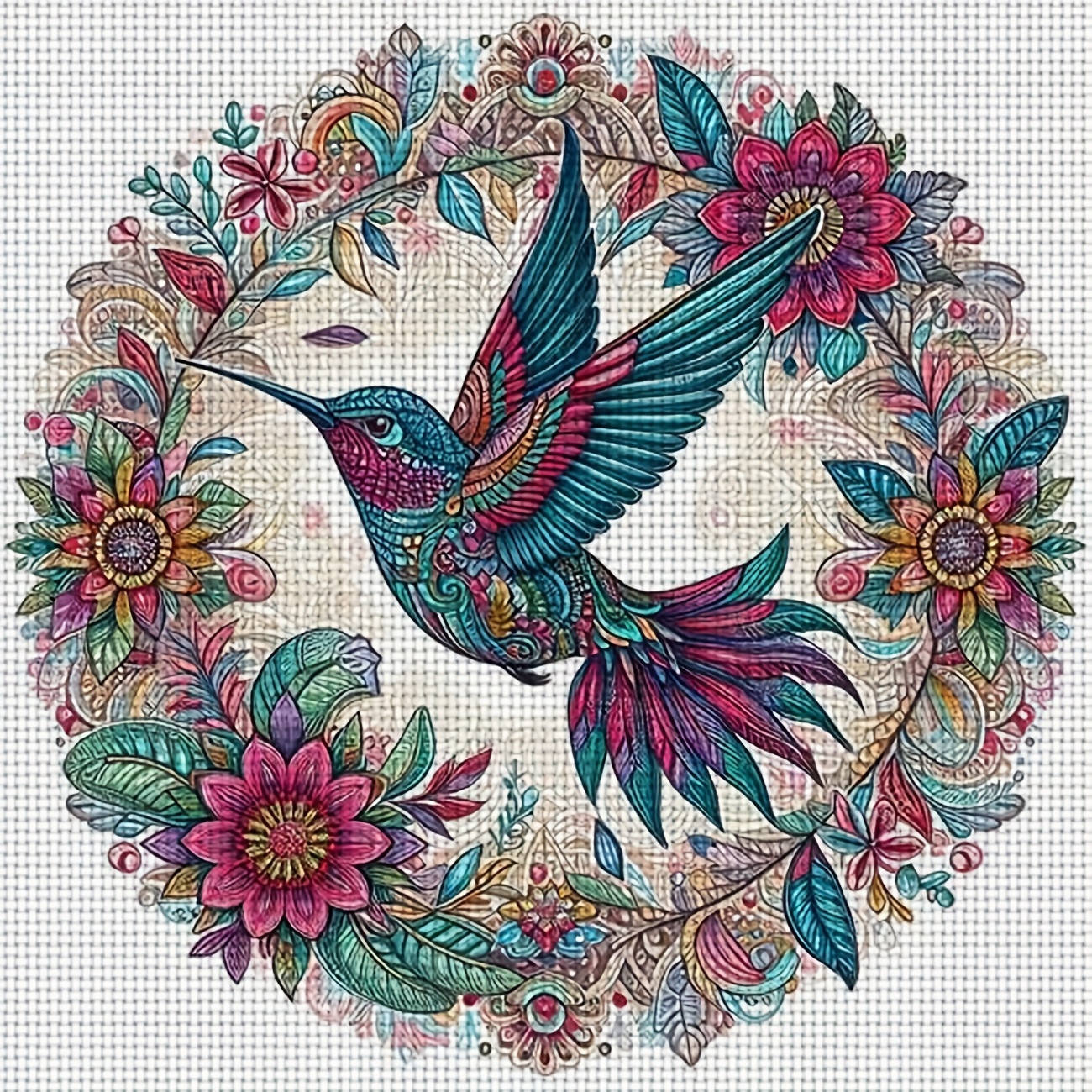 Cross-Stitch Kit, Hummingbird Dancing in a Wreath for Beginners