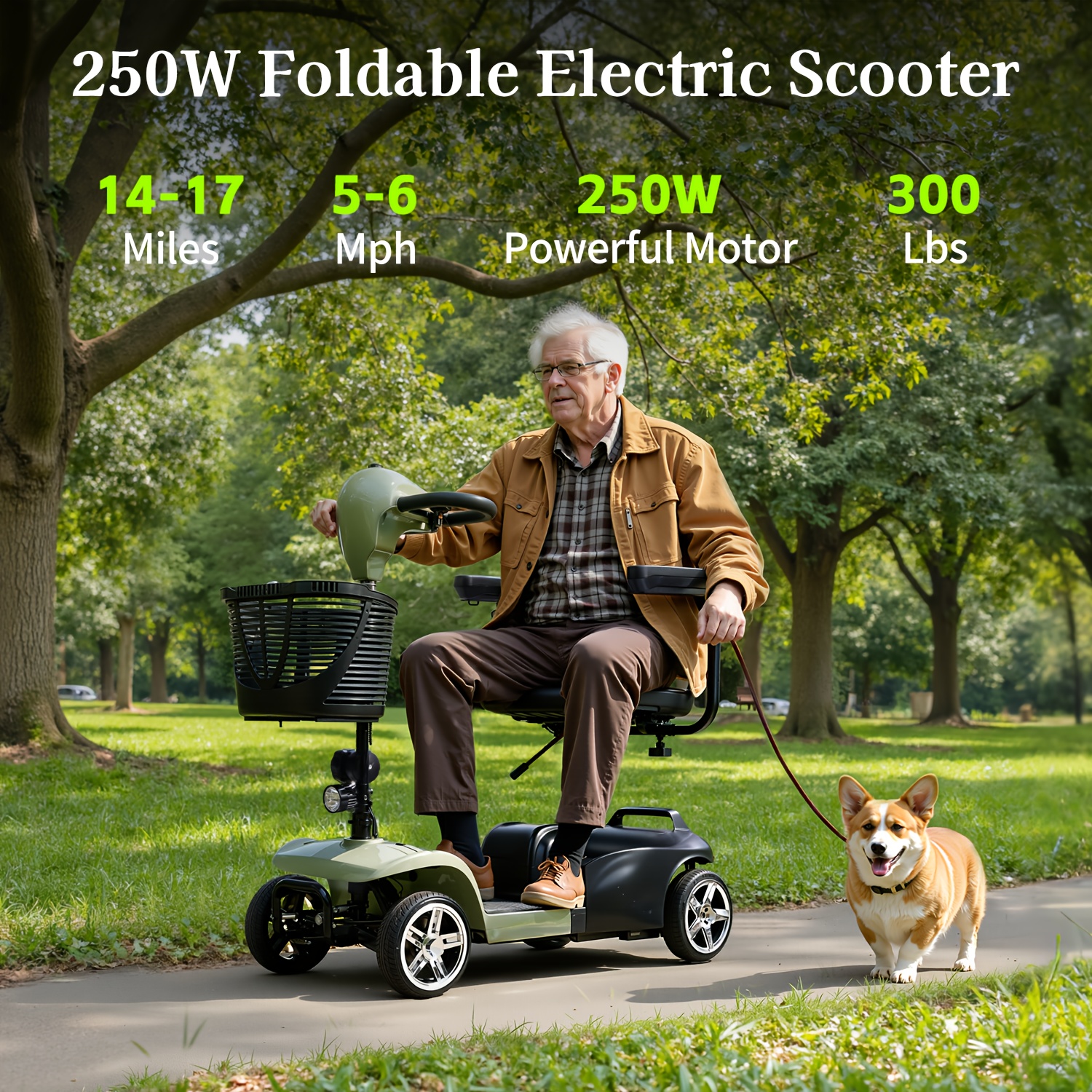 250w foldable electric scooter 24  5ah battery offers a   mile range and   of 5 6 mph it features tires supports 300 lbs and   a charger phone holder and tool kit ideal for senior shopping trips best holiday gift Product details 0