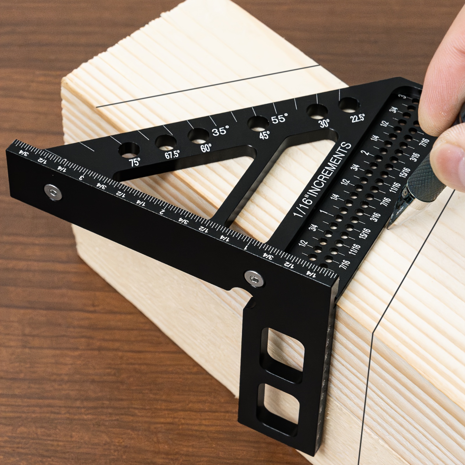 TEMU 1pc Triangular Hole Ruler, Woodworking Scribing Ruler, Square Ruler, Angle Ruler, , , Aluminum Alloy Ruler