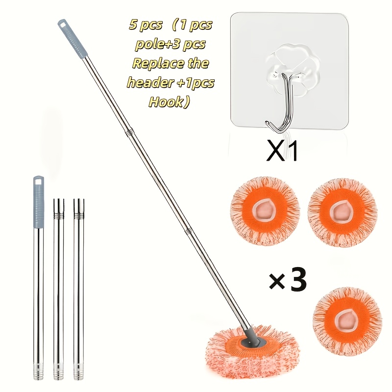 TEMU 5pcs Set: 1 Handle + 3 Replacement Heads + 1 Hook. Multi-functional High- Rotating Dust Mop For Standing Cleaning Without Climbing. Absorbs Hair