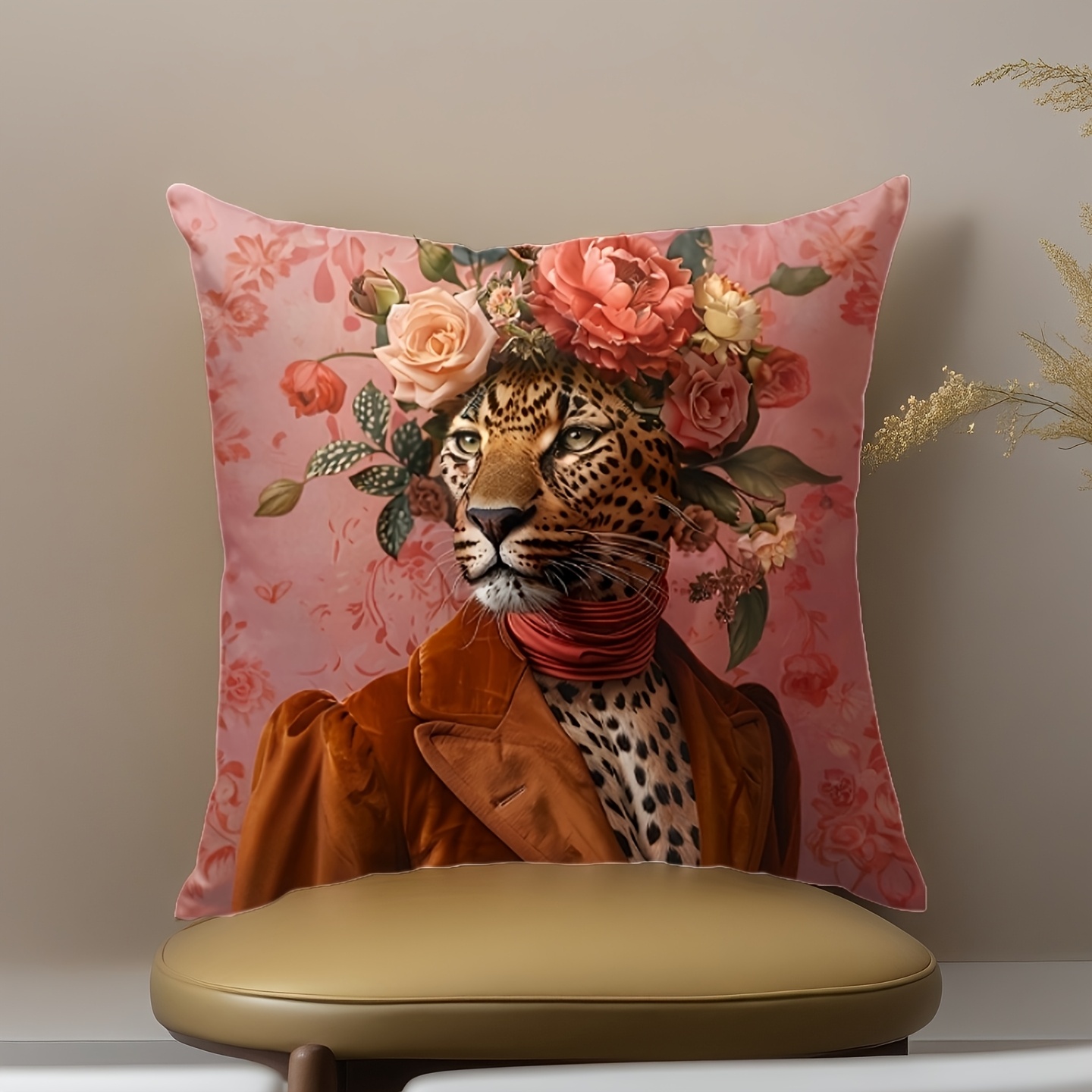 TEMU 1pc Wild And Elegant Coexist! Leopard Print Pillowcase With A Suit-wearing Lady Design. Soft, Comfortable, And Smooth Polyester Short Plush