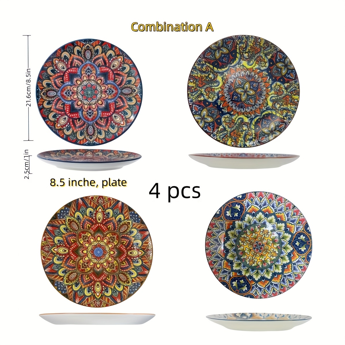 Image of 4pcs Bohemian Chic Ceramic Plate Set, 8.5-inch Round Tableware, Microwave And Oven Safe, Home Salad/fruit/rice Tableware, Plate Tableware Set