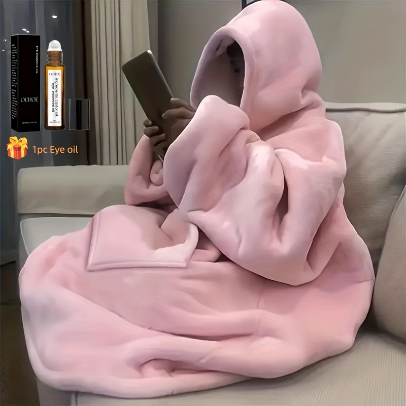 TEMU Plus Size Reversible Hooded Blanket With Kangaroo Pocket, Includes 15ml Eye Oil, Oversized , Winter Coat, Machine Washable, Halloween & Christmas Gift