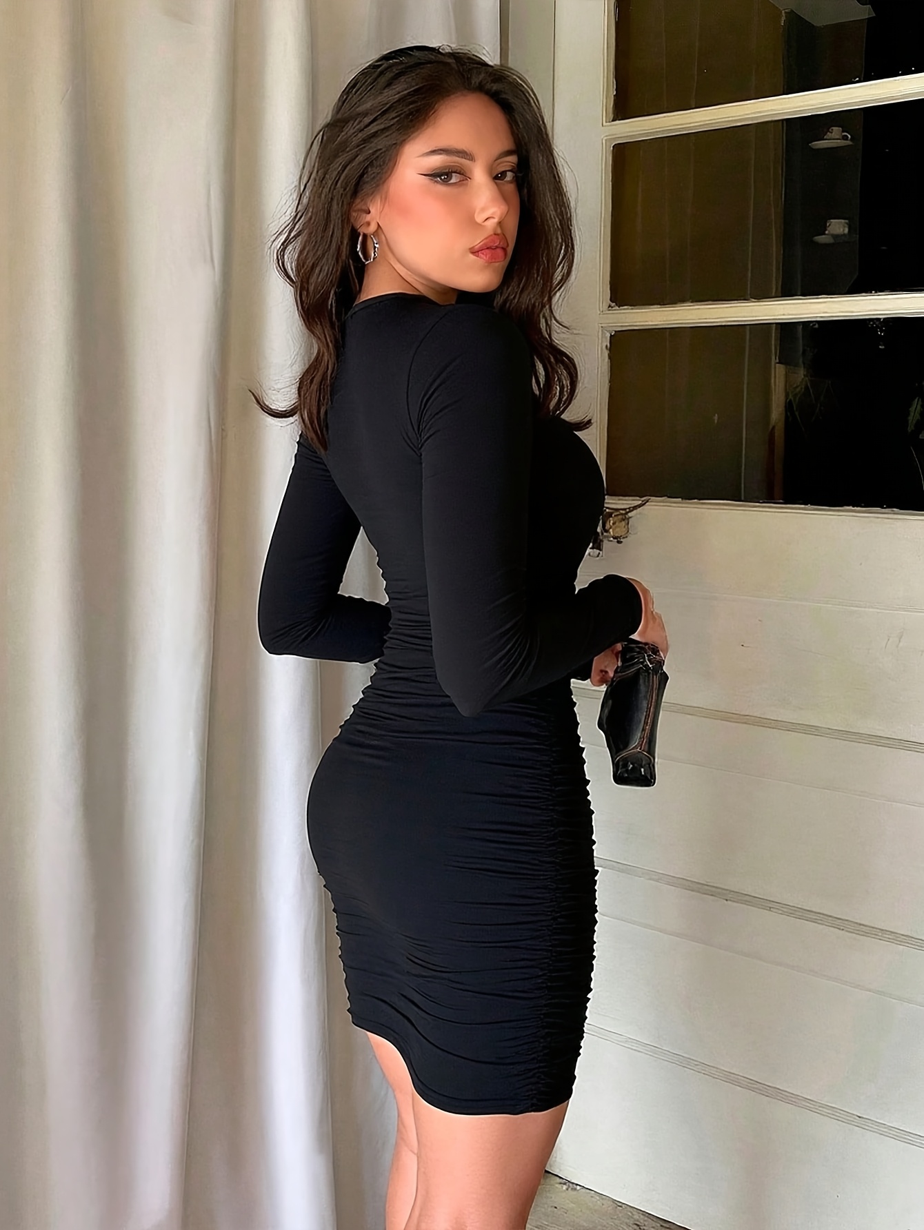 elegant solid color fit long sleeve dress collar high - Temu Mauritius