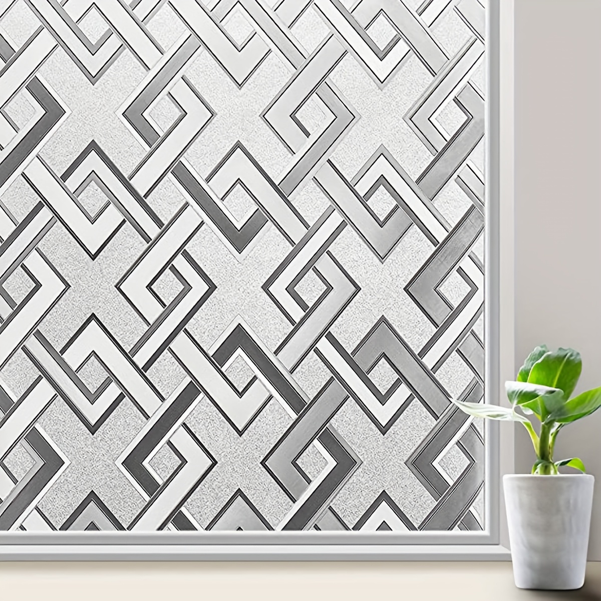TEMU Static Diamond Checkered Window Film - Bathroom Privacy Geometric Glass Cover, 4mil Thick Protection Sunshade Self-adhesive Shower Curtain Door,