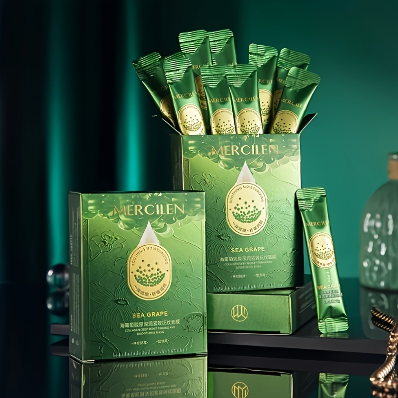 10pcs Sea Grape Collagen Moisturizing Facial Mask -10pcs Of Moisturizing, Alcohol Free, Suitable for All Skin Types, Containing Aloe And Vitamin E, Nourishing And Skin Care, Moisturizing And Tearing Facial Mask