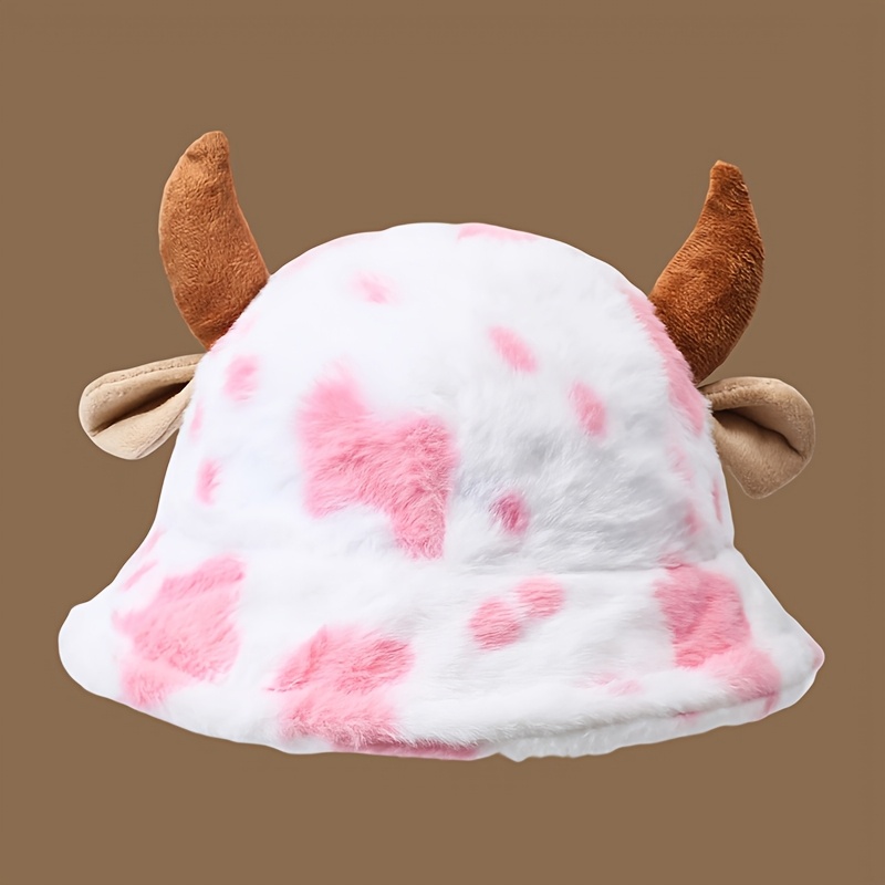 TEMU Cow Print Plush Fisherman Bucket Hat With 3d Horn Ears, Soft And Warm, Cute Cartoon Animal Hat, Women's Fall Winter Casual Style