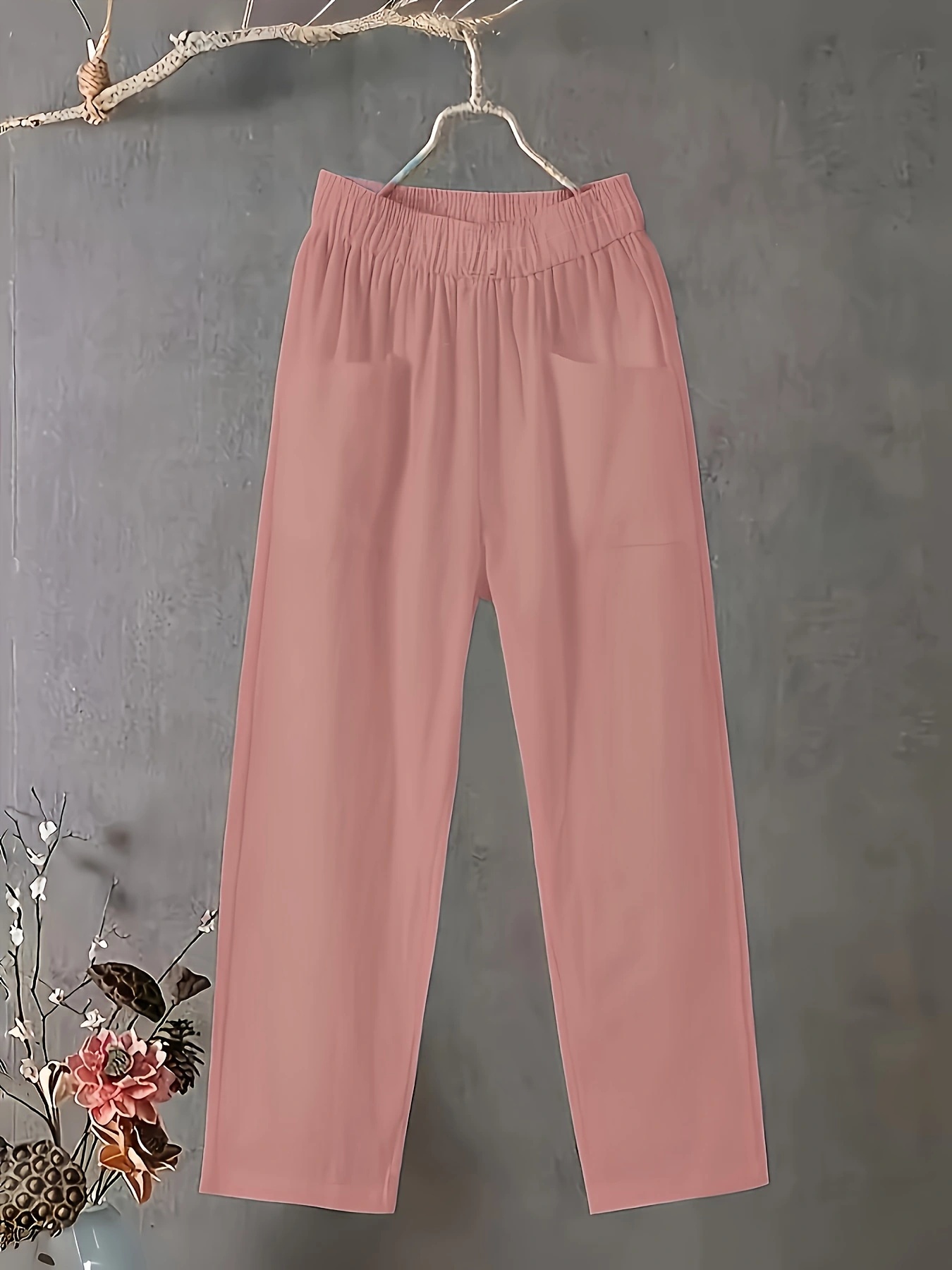 Women's Plus Size Lightweight Straight-Leg Pants - Casual White Harem Style, Elastic Waistband, Polyester, Machine Washable for Spring/Summer/Fall